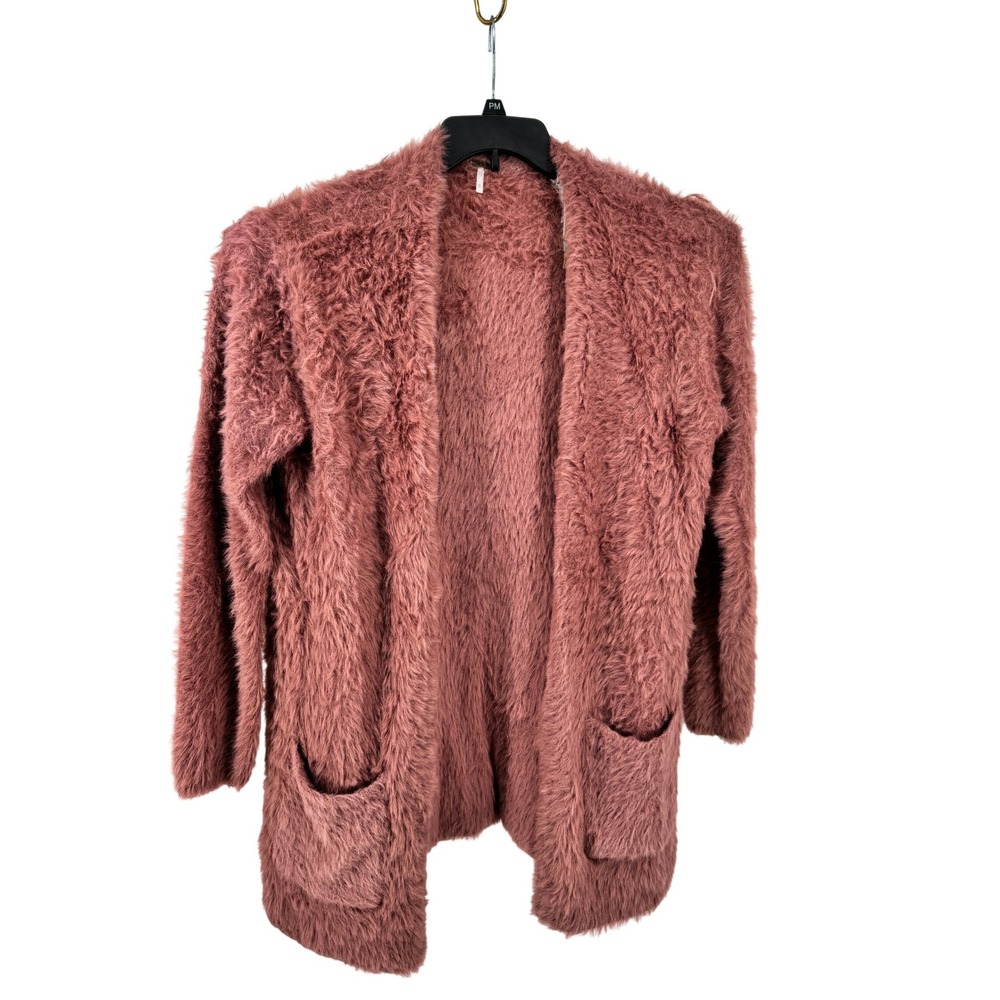 Free People Fuzzy Faux Fur Cardigan M Dusty Rose Open Front Pockets Long Sleeve